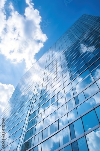 Modern glass skyscraper reflecting the blue sky