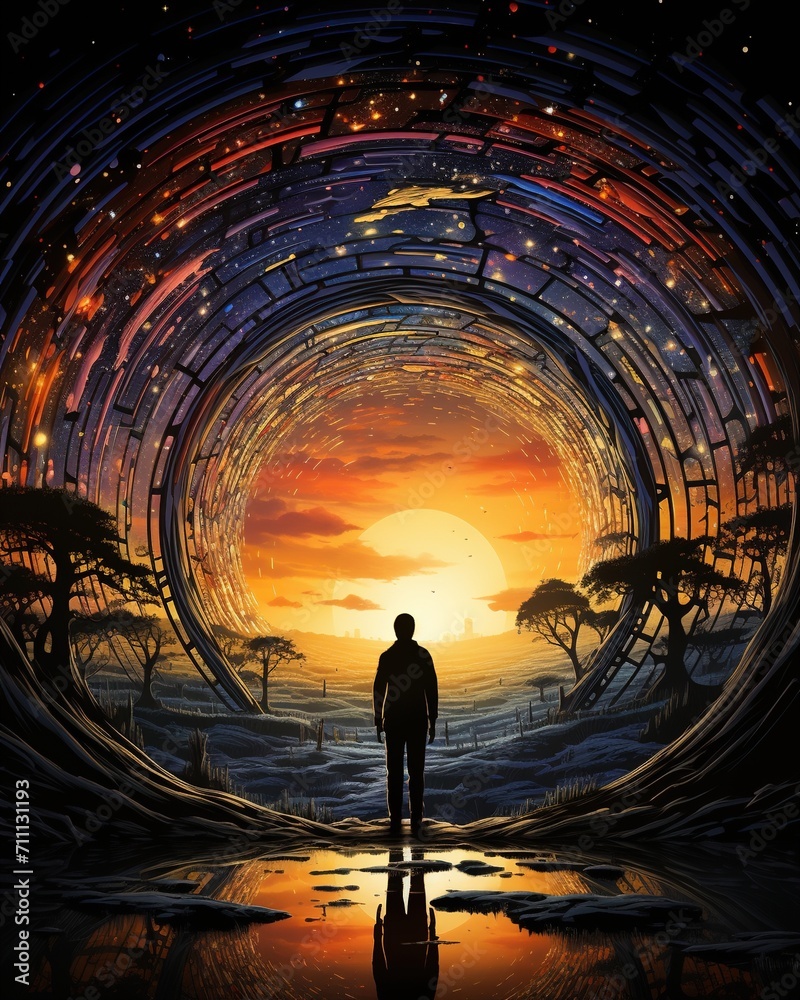 Fototapeta premium Man standing in a surreal landscape with a portal in the sky