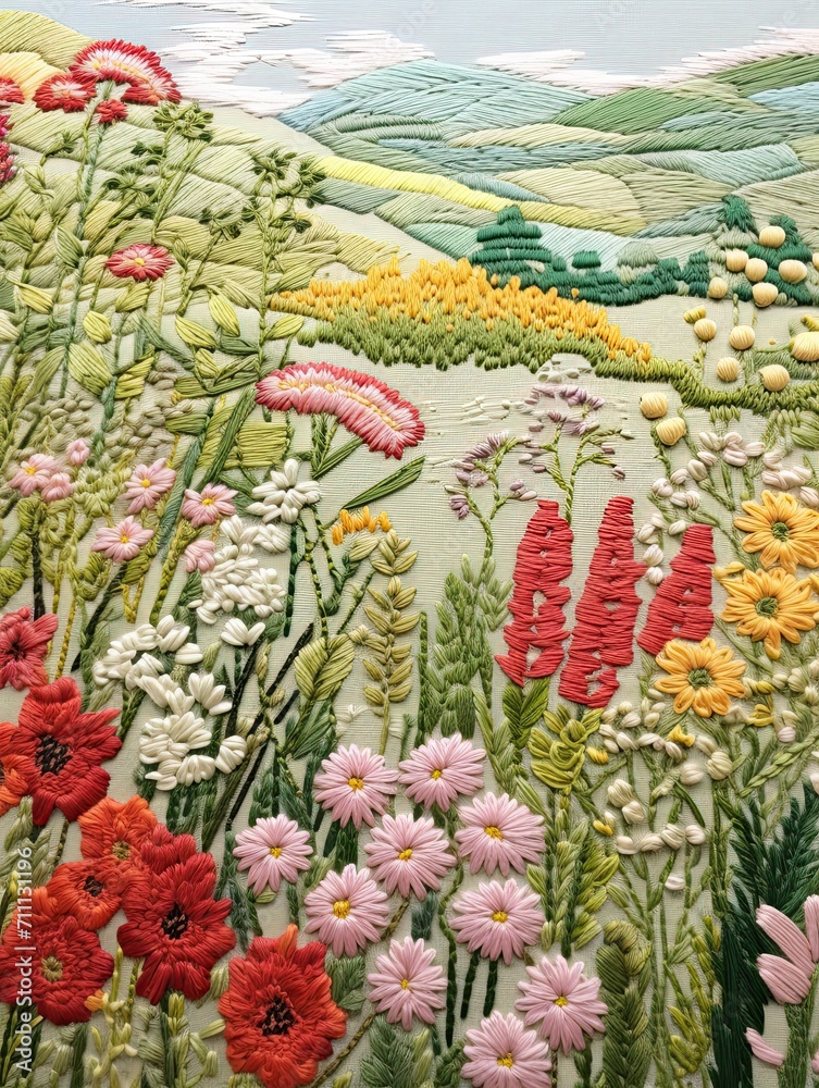 Classic Floral Stitch Art - Vintage Stitching for Decor in a Charming Country Field