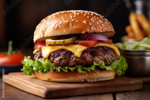 Delicious burger with cheese, lettuce, tomato, and french fries on a wooden board, tempting tasty hamburger, Mouthwatering juicy burger with fries