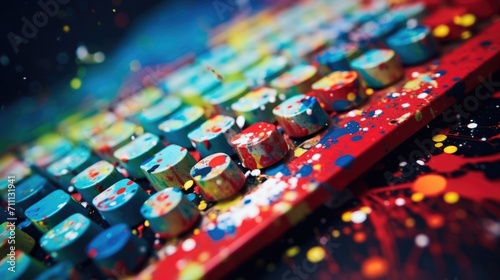 Closeup of a paintsplattered keyboard, evidence of the hours spent creating digital art.