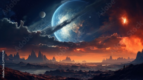 Alien land landscape with giant planet and mountains. Fantasy wall paper.
