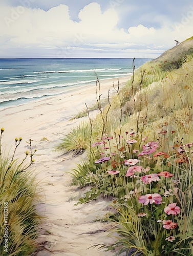 Coastal Dune Artistry  Field Painting with Coastal Flowers on Sandy Slopes