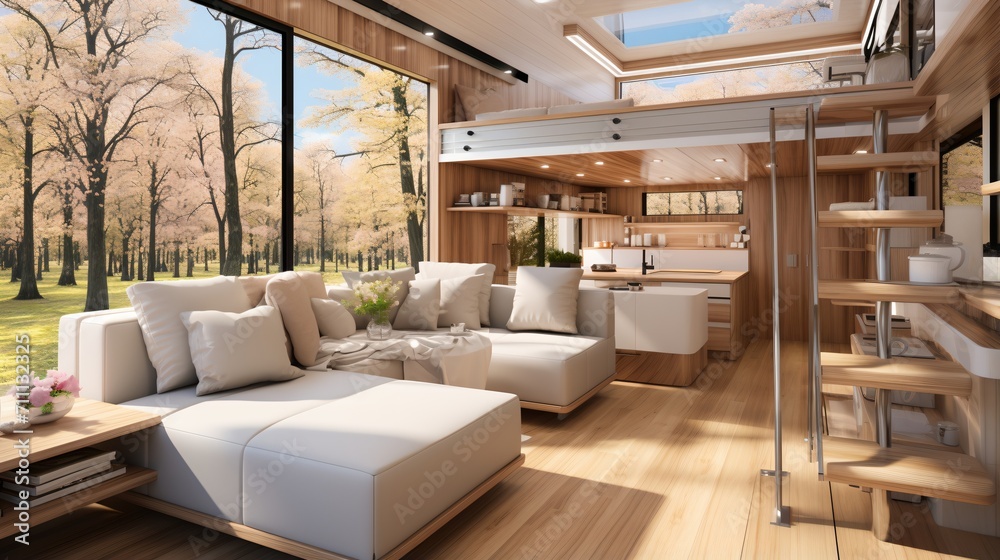 Modern interior of a tiny house with large windows Modern interior of a tiny house with large windows