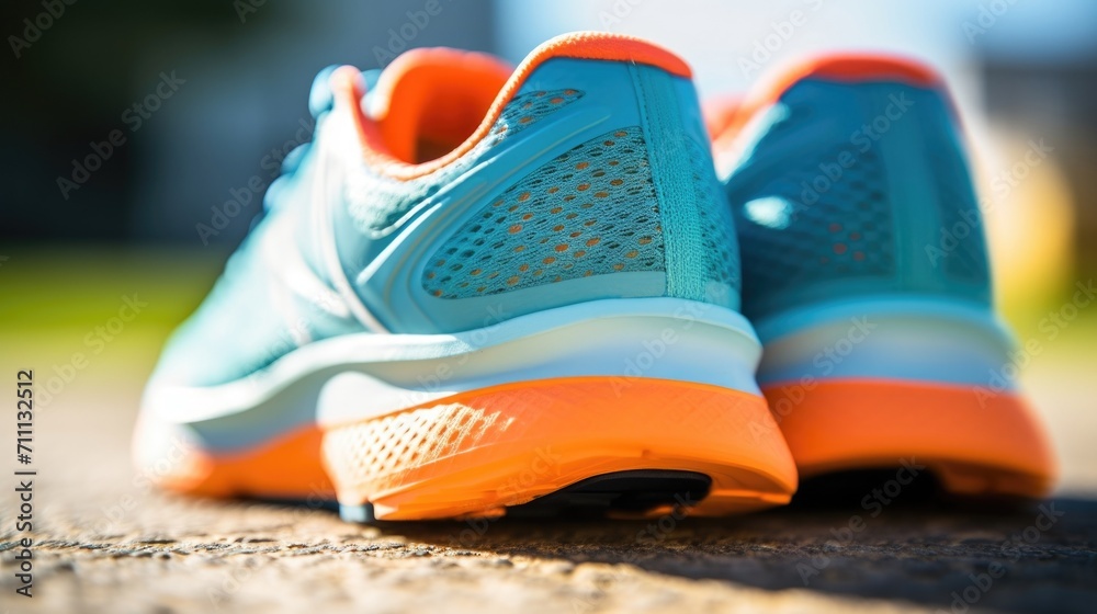 Closeup of a sleek pair of running shoes with lightweight mesh material for added breathability and comfort.