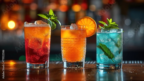 Various delicious cocktails on the bar counter on the wooden bar counter