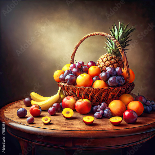 A table adorned with a basket filled with assorted fruits  inviting to a fresh and healthy delight.