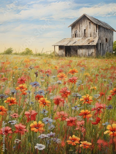 Rustic Charm: Country Farmhouse Canvases featuring Wildflower Fields and Vintage Barn Backdrops