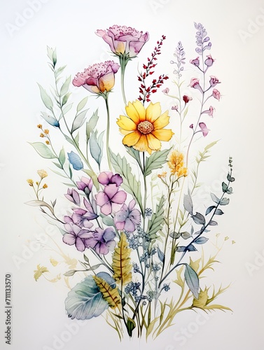 Delicate Watercolor Florals: Vintage Art Print with Nature's Wildflower Impressions