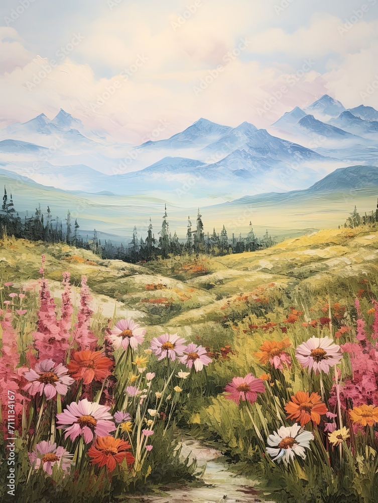 Dreamy Mountain Pass Paintings: Vintage Beauty with Mountain Wildflowers