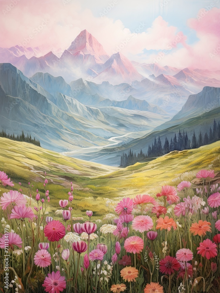 Dreamy Mountain Pass Paintings: Vintage Serenity in Mountain Meadows