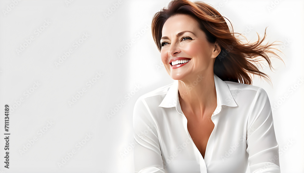 Smiling happy female middle-woman closeup on a white background
Smiling happy female middle-woman closeup on a white background