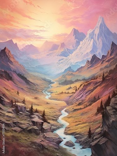 Majestic Dreamscape: Vintage Mountain Pass Paintings of Rugged Peaks