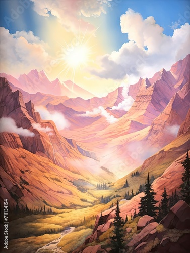 Dreamy Mountain Pass Paintings: Vintage Landscape Captivating Sunlit Slopes