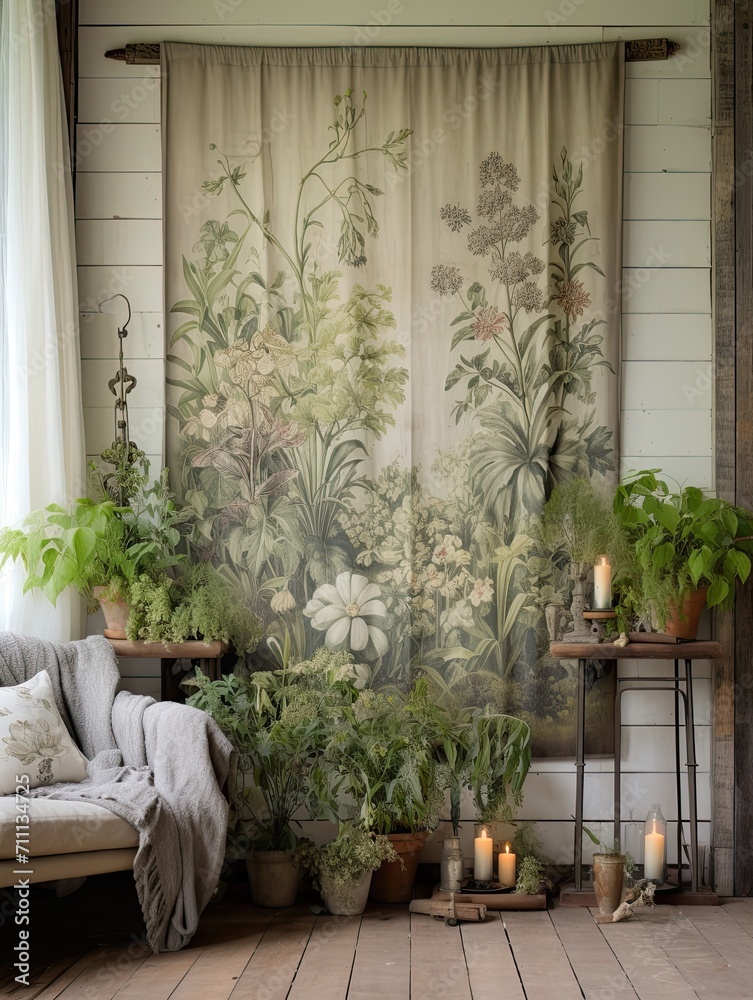 Ethereal Farmhouse Elegance: Detailed Flora in a Plant Tapestry
