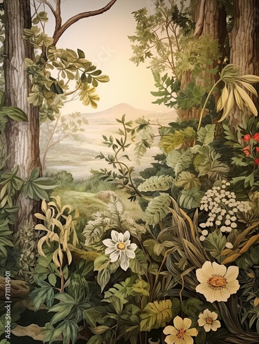 Ethereal Plant Tapestry: Vintage Painting of the Farmhouse's Bind with Nature