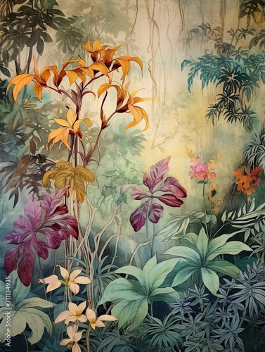 Ethereal Plant Tapestry: Vintage Painting Depicting Nature's Dance in Fabric Art