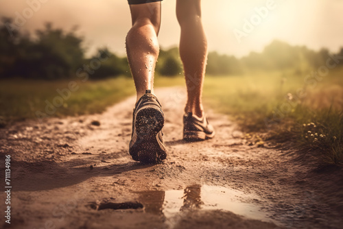Close-up of a man's legs running along the road. Running through dusty terrain with emphasis on the runner's legs. Neural network AI generated art