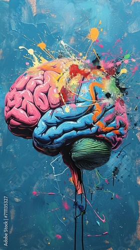 Painting of Brain on Blue Background