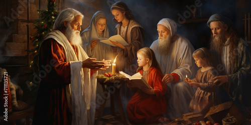 A group of family reading bible together with warm, Close up of man hands holding holy bible on dark background. Religion concept.