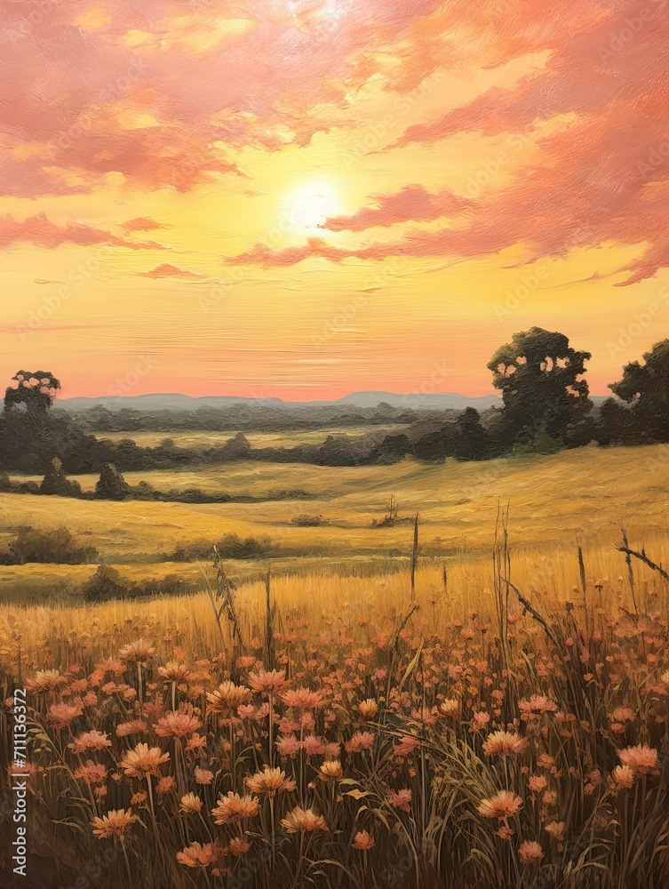 Golden Hour Sunset Fields: Vintage Landscape Visions of Countryside Sunset Paintings