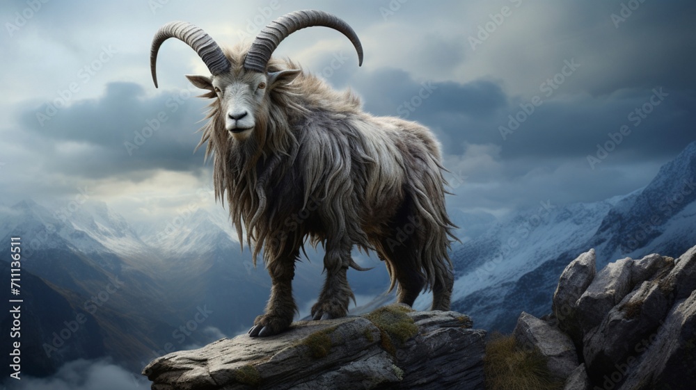 Majestic Ibex Standing Proudly on Rugged Rocky Terrain with Dramatic Mountainous Background - AI-Generative