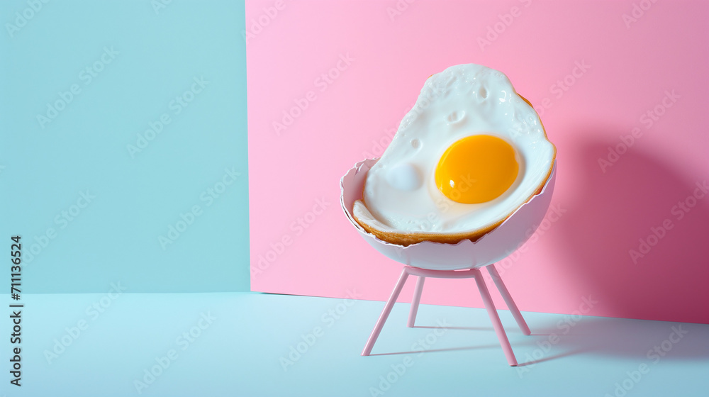 Fried egg sitting and relaxing in broken eggshell chair. Minimal surreal concept of  dining room, home, resting and relaxation, pastel colors - obrazy, fototapety, plakaty 
