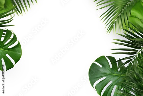Tropical leaves on white background with text space.
