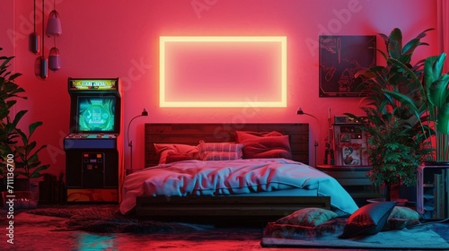 Retro 80s bedroom with a neon-lit bed, vintage arcade games, and a blank mockup frame on a hot pink wall photo