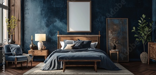 Retro 1940s bedroom with a vintage bed, World War II era art, and a blank mockup frame on a navy blue wall photo