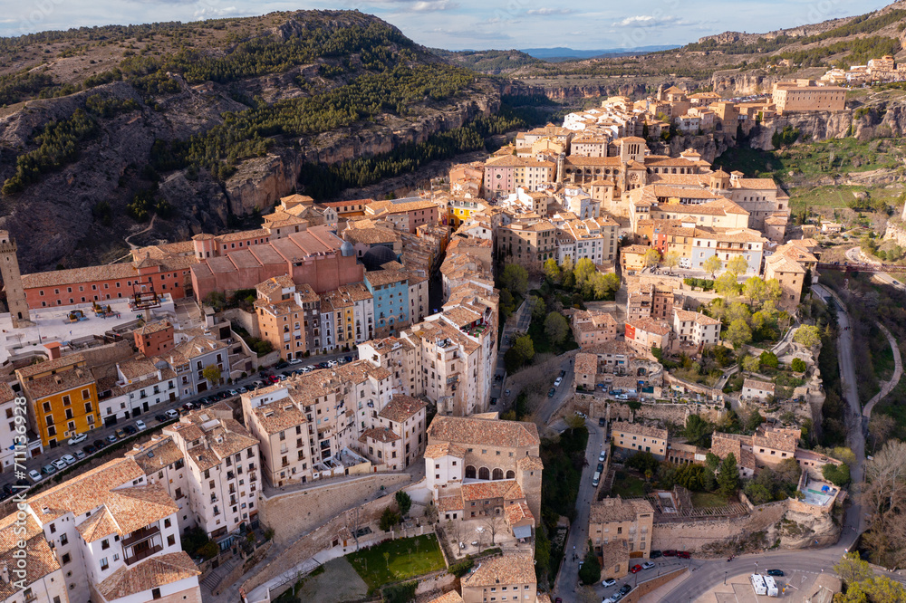 Drone photo of Spanish city Cuenca. World Heritage Site.