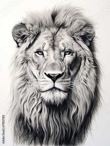 Captivating Lion's Gaze: Hand-Drawn Wildlife Portraits for Striking Wall Art