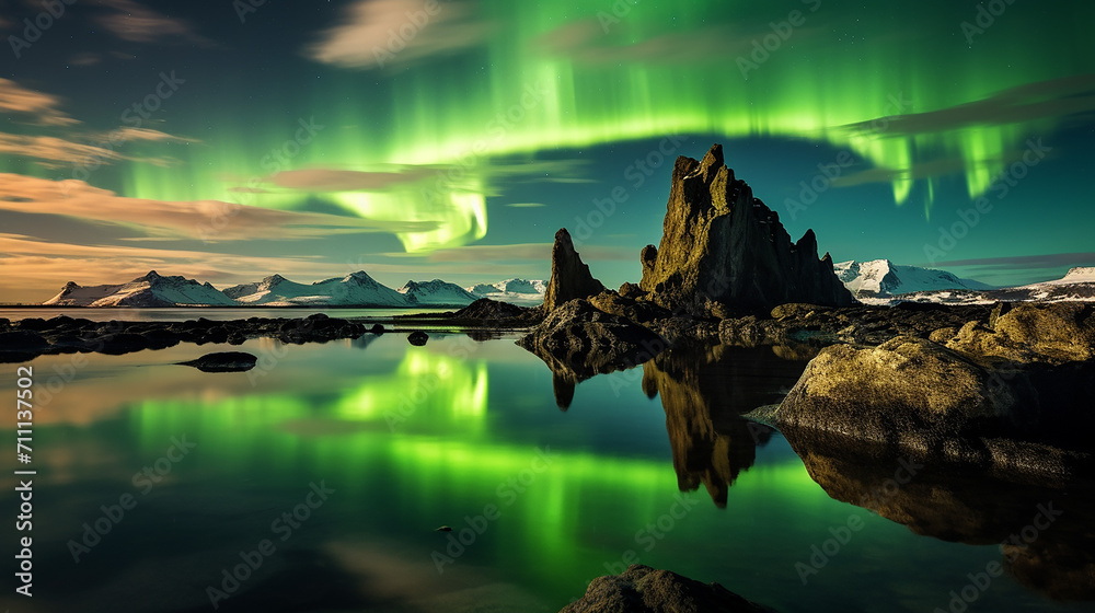 Hvitserkur northern lights green reflection in Iceland Northern lights with aurora borealis green