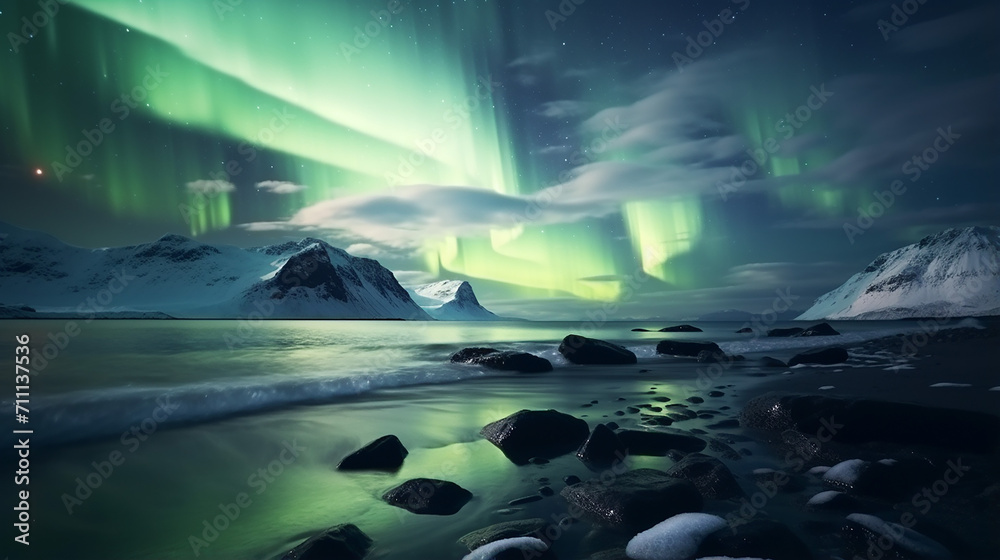 Northern light on the arctic beach. beautiful natural landscape in the Norway