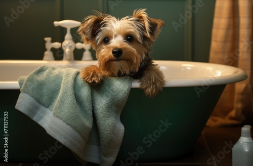 Yorkshire terrier in bathroom on towel
