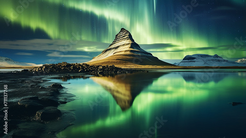Hvitserkur northern lights green reflection in Iceland Northern lights with aurora borealis green photo