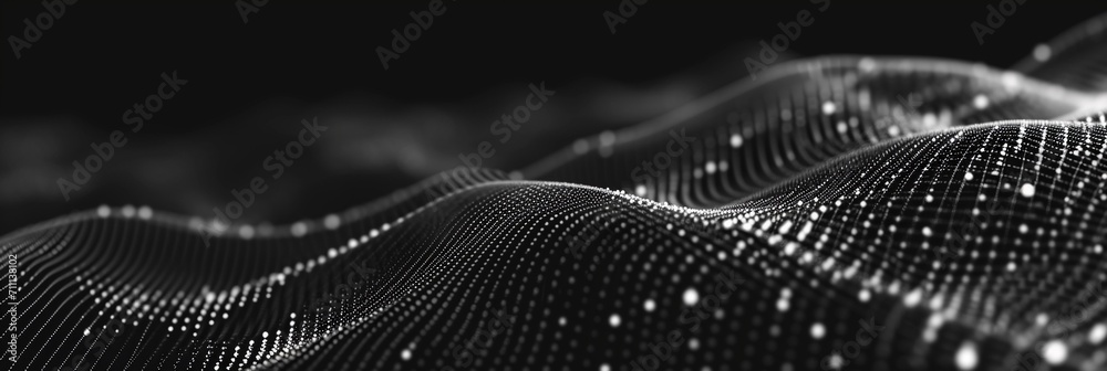 Abstract background with interweaving of colored dots and lines. The musical stream of sounds. Colorful technology futuristic banner. - obrazy, fototapety, plakaty 