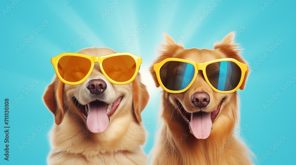 Two dogs are taking selfies on a beach wearing sunglasses, sunny day with blue water