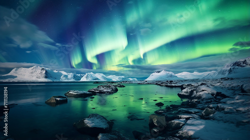 beautiful Northern light over Greenland landscape with green aurora