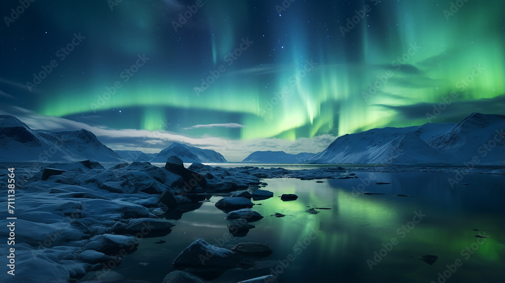 Northern light over Greenland landscape with green aurora