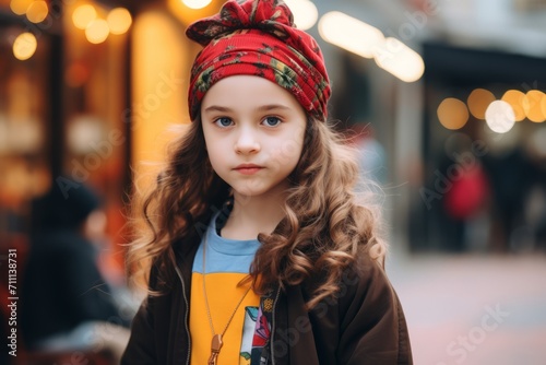Portrait of a beautiful little girl with long curly hair in a brown coat and a red bandana on her head.