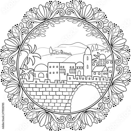 Round decorative floral frame with oriental cityscape illustration. Multipurpose usage