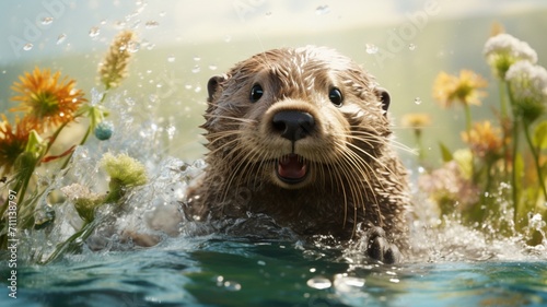 Adorable Sea Otter Floating on Calm Waters, Bathed in Golden Sunset Glow - AI-Generative photo