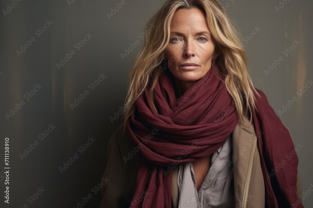 Portrait of a beautiful mature woman with long blond hair wearing a red scarf.
