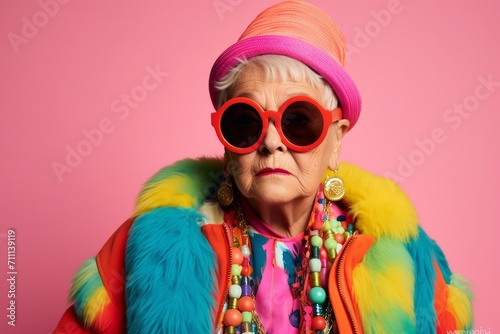 Fashionable senior woman in bright clothes and sunglasses posing over pink background. photo
