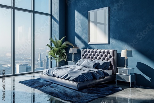 Luxury penthouse bedroom with a king-size silver bed, panoramic views, and a blank mockup frame on a royal blue wall