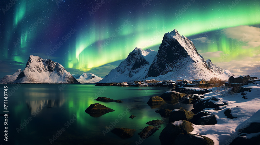 amazing landscape of northern lights in background at Norway