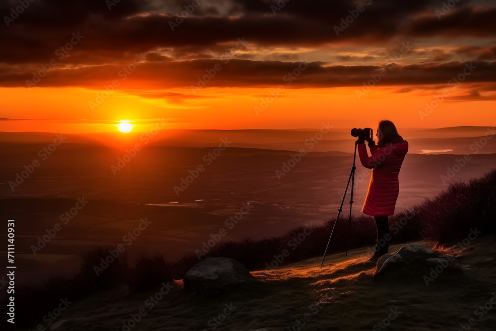 Young woman in the mountains taking pictures of the sunset. Neural network AI generated art