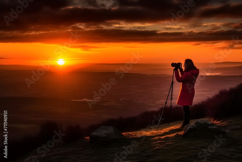 Young woman in the mountains taking pictures of the sunset. Neural network AI generated art