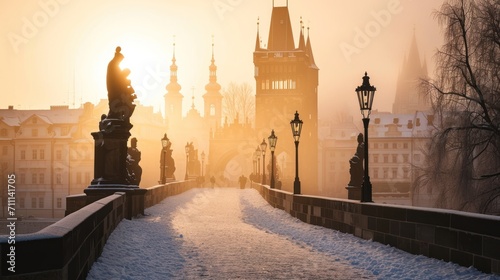 A winter morning of Charles Bridge with snow and historic buildings in the city of Prague, Czech Republic in Europe.